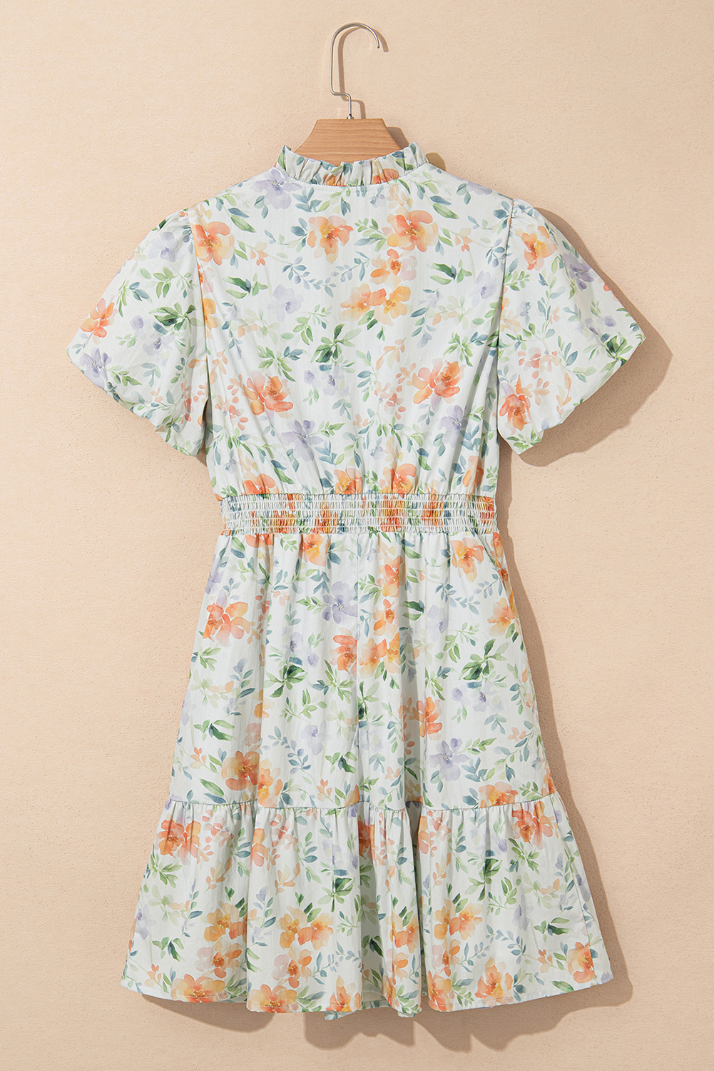 Beige Floral Print Shirred High Waist Puff Sleeve Mini Dress view 13
