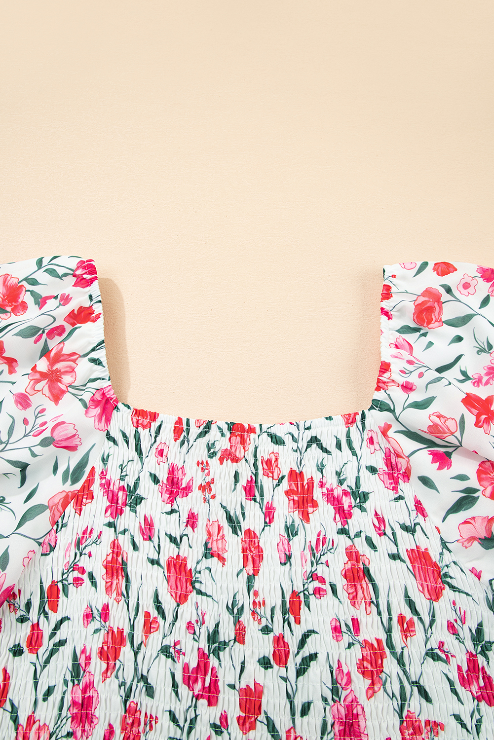 Pink Floral Puff Sleeve Square Neck Empire Waist Tiered Maxi Dress view 16