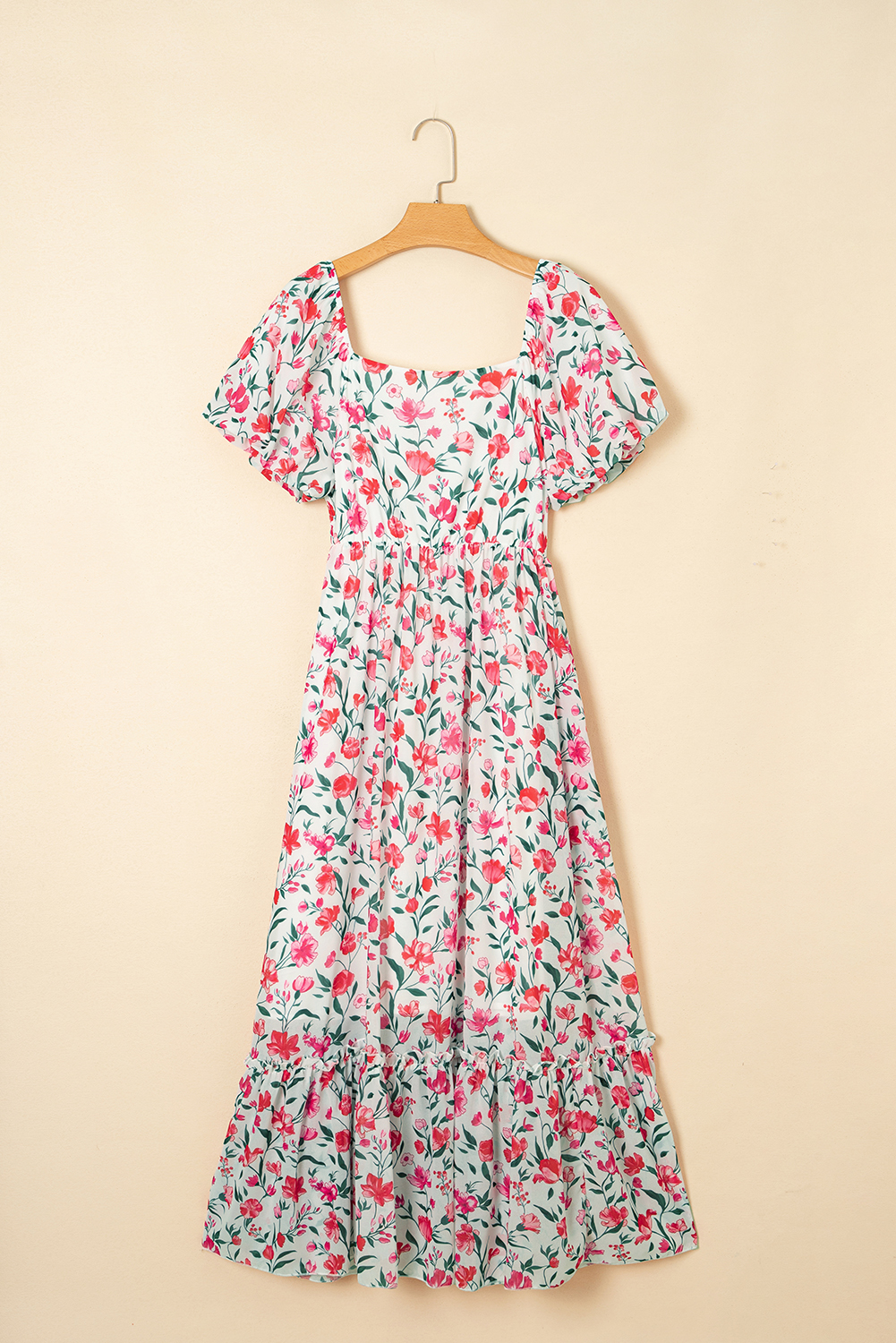 Pink Floral Puff Sleeve Square Neck Empire Waist Tiered Maxi Dress view 12