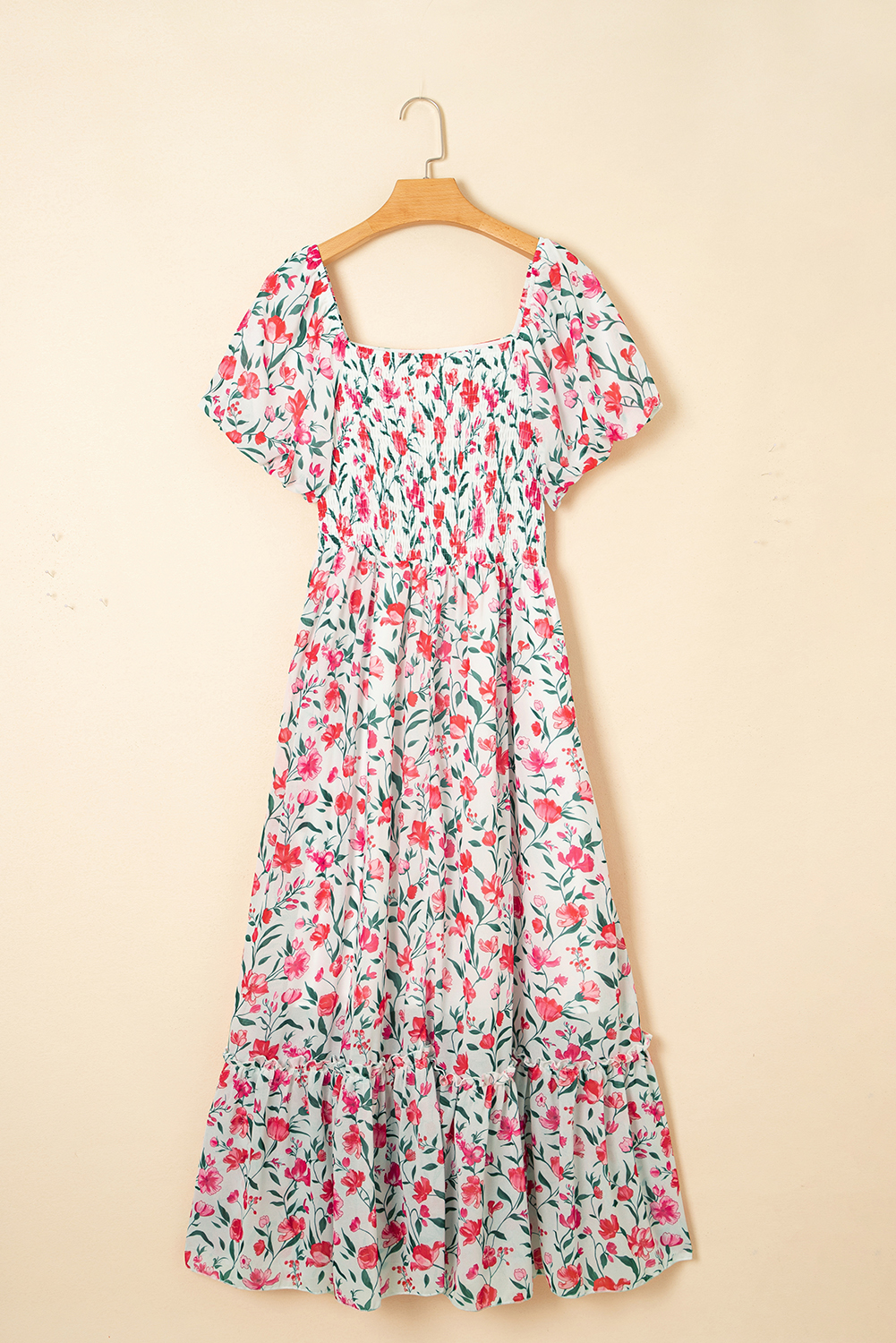 Pink Floral Puff Sleeve Square Neck Empire Waist Tiered Maxi Dress view 13