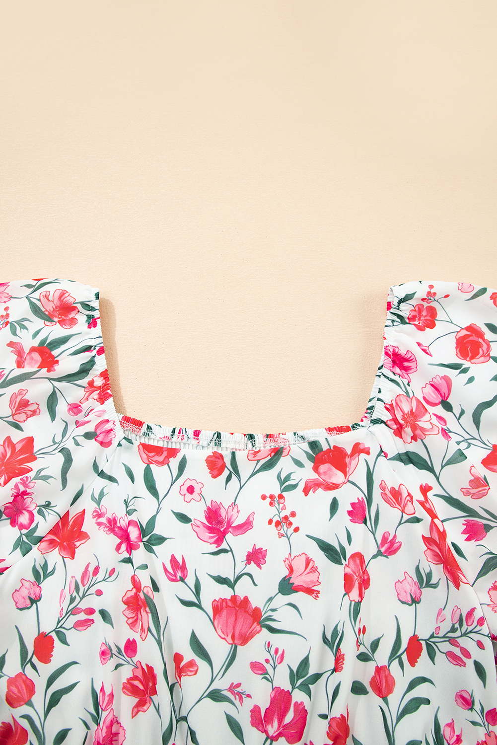 Pink Floral Puff Sleeve Square Neck Empire Waist Tiered Maxi Dress view 19