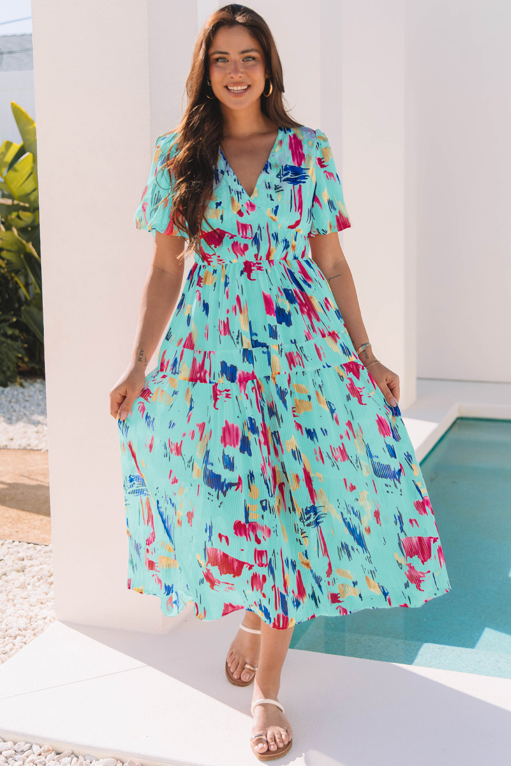 Sky Blue Floral Print Puff Sleeve Tiered Mini Dress