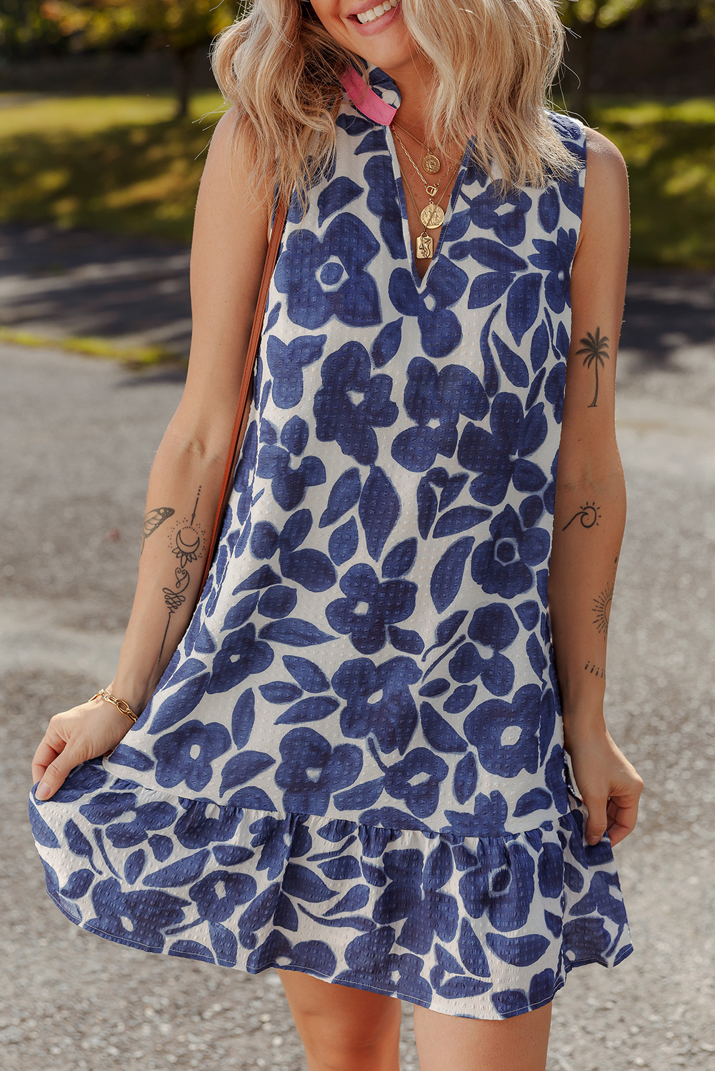 $ 10.88 - Blue Floral Sleeveless Colorblock Notched V Neck Mini Dress ...