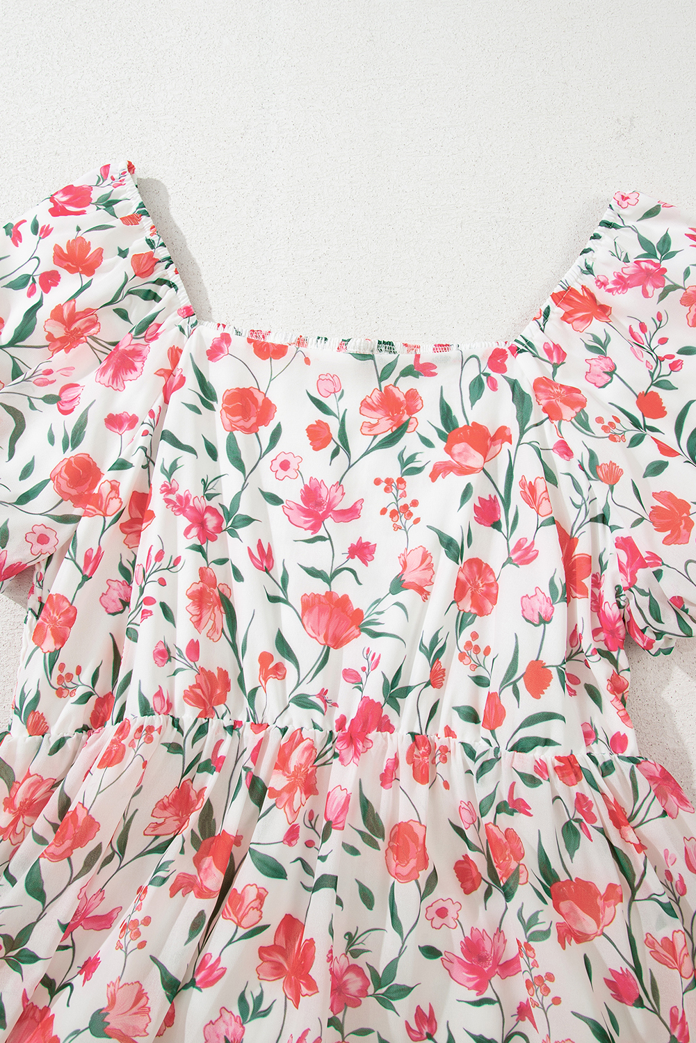 Pink Floral Puff Sleeve Square Neck Empire Waist Tiered Maxi Dress view 26