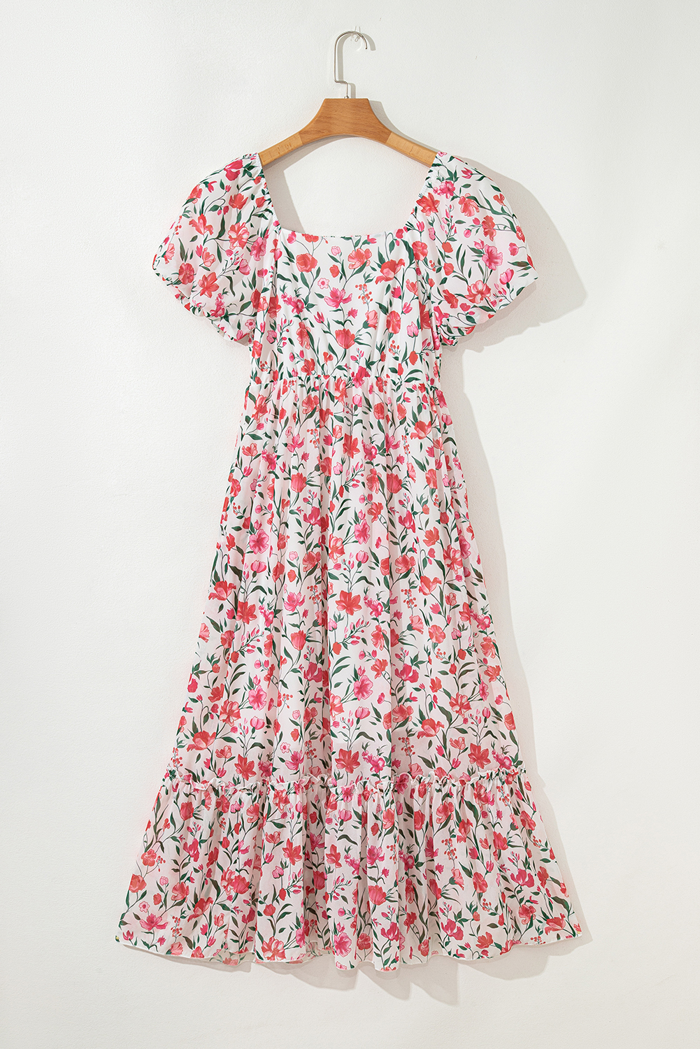 Pink Floral Puff Sleeve Square Neck Empire Waist Tiered Maxi Dress view 15