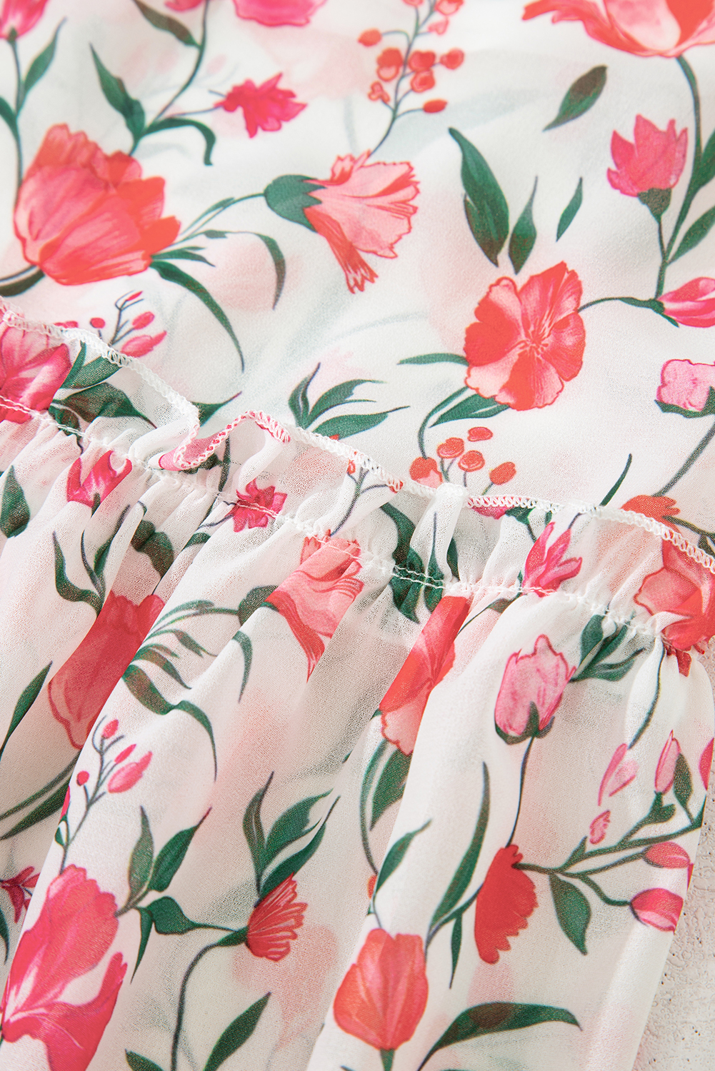 Pink Floral Puff Sleeve Square Neck Empire Waist Tiered Maxi Dress view 21