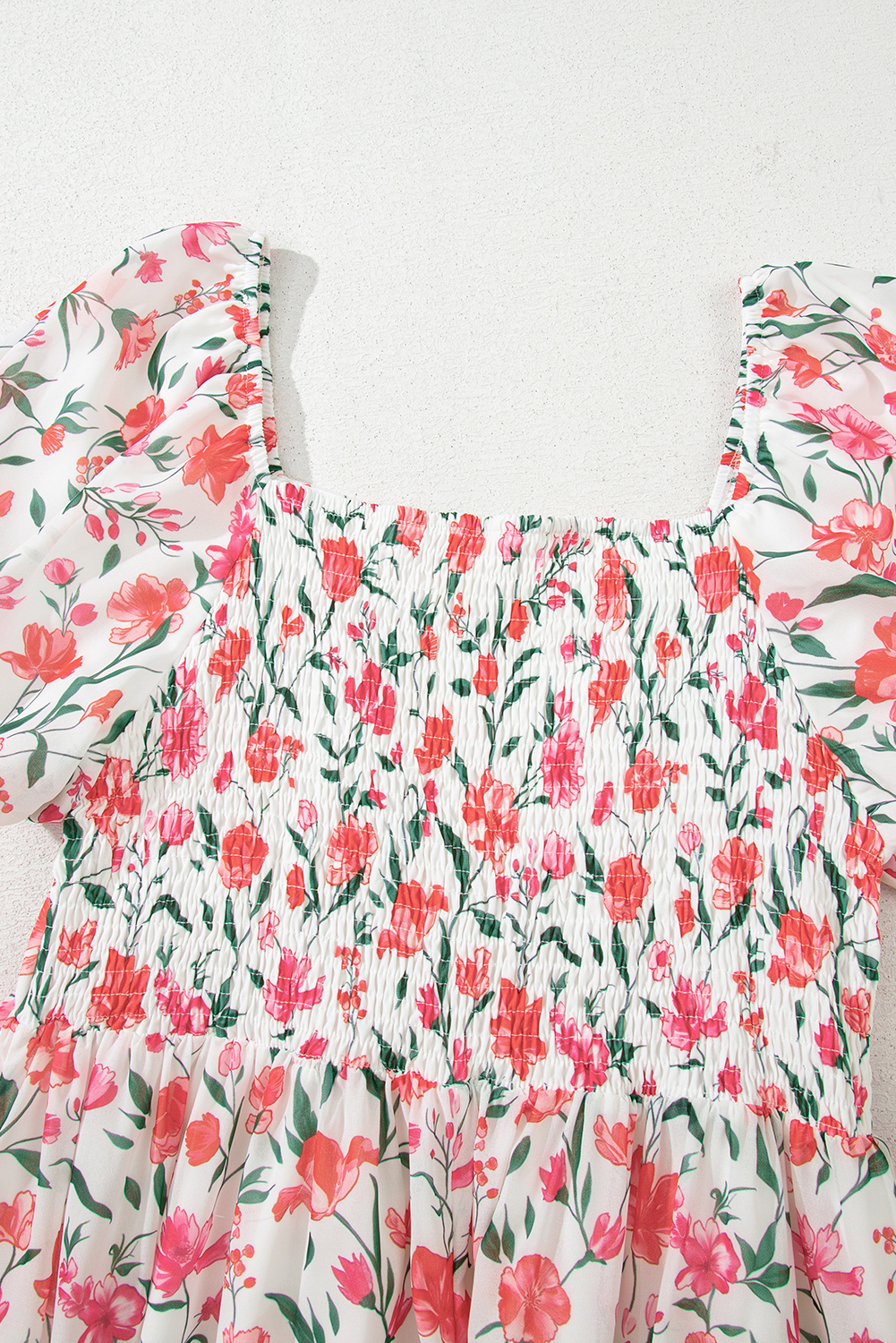 Pink Floral Puff Sleeve Square Neck Empire Waist Tiered Maxi Dress view 24