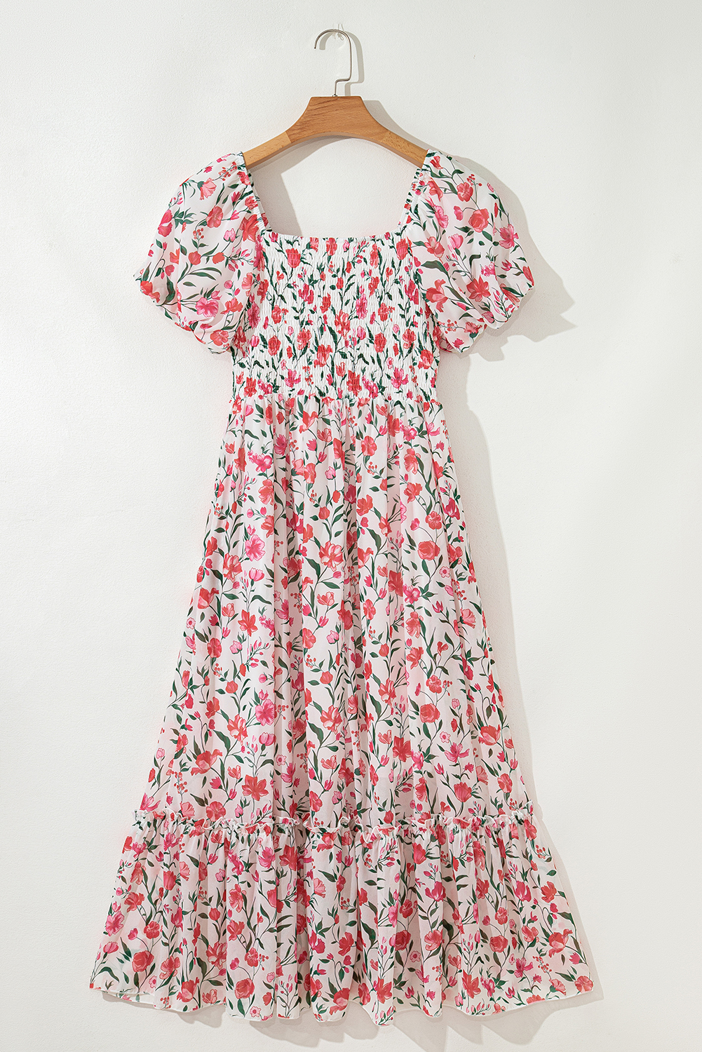 Pink Floral Puff Sleeve Square Neck Empire Waist Tiered Maxi Dress view 14