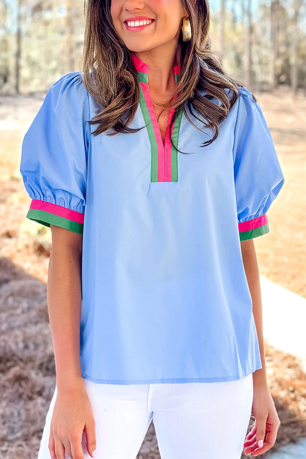 Sky Blue Floral Print Split Neck Pleated Puff Sleeve Blouse