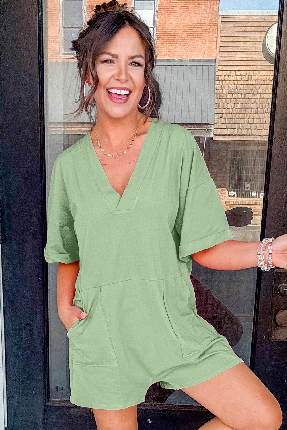 Grass Green Loose Half Sleeve V Neck Knit Romper view 8
