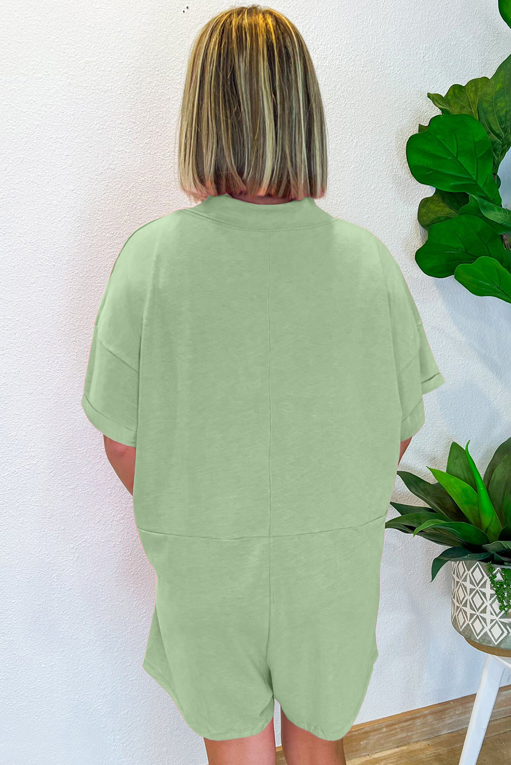 Grass Green Loose Half Sleeve V Neck Knit Romper view 7