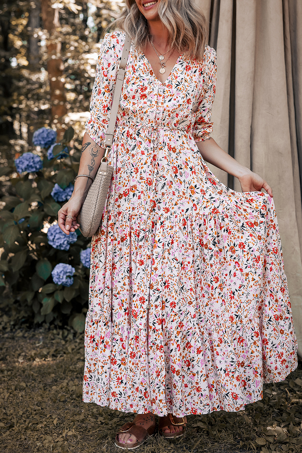 Red Rayon Floral Print V Neck Adjustable Belt Boho Dress main image 1