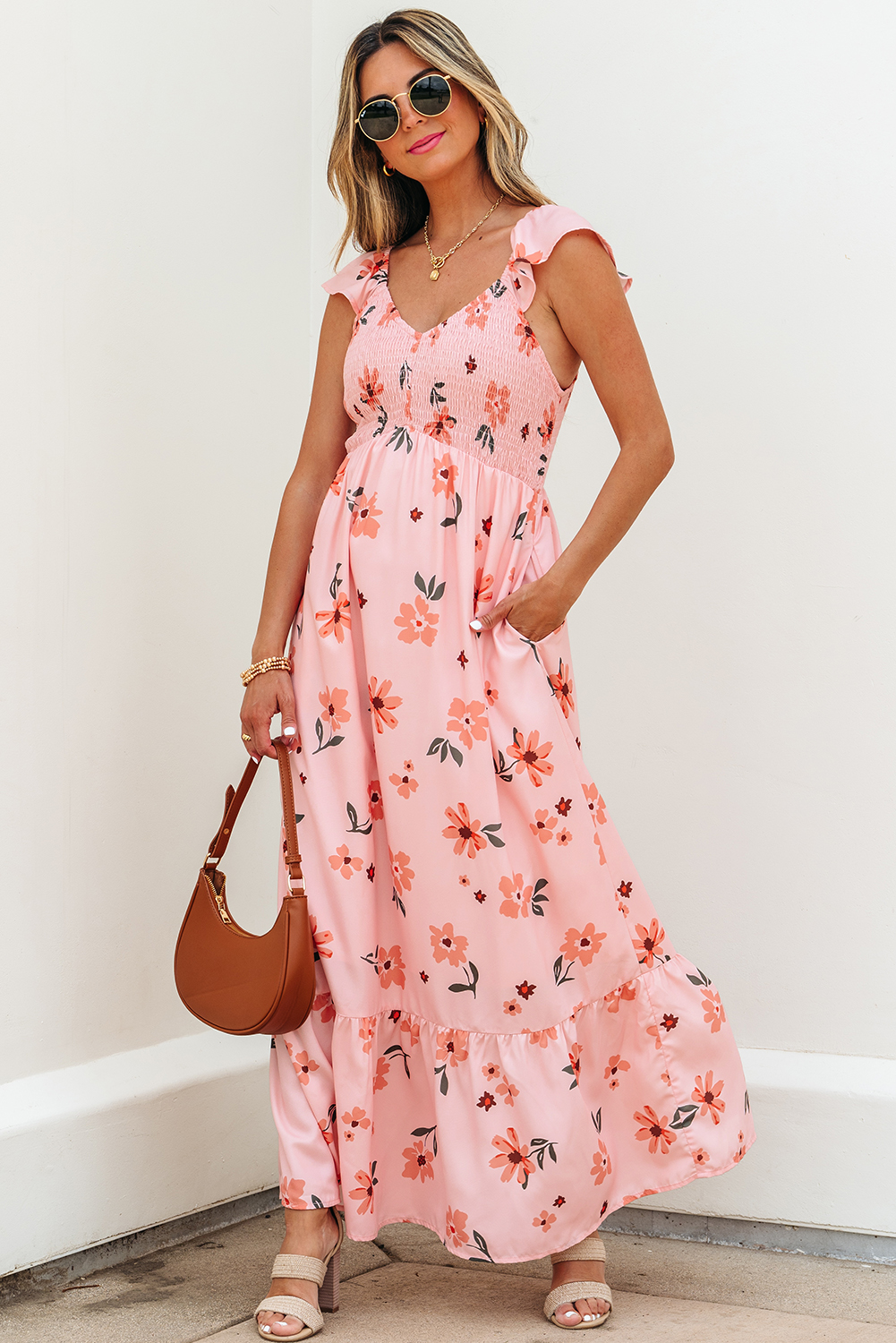 Pink Striped Collar Long Sleeve Ruffle Hem Dress