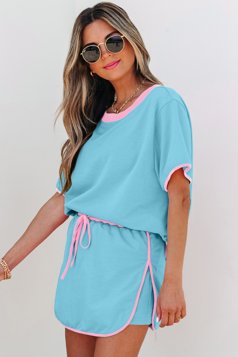 Turquoise Colorblock Edge Drop Shoulder T Shirt and Skort 2Pcs Set view 3