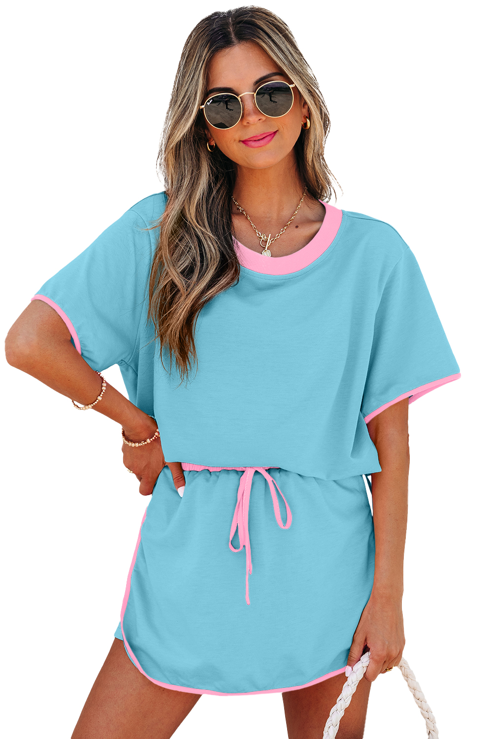 Turquoise Colorblock Edge Drop Shoulder T Shirt and Skort 2Pcs Set view 20