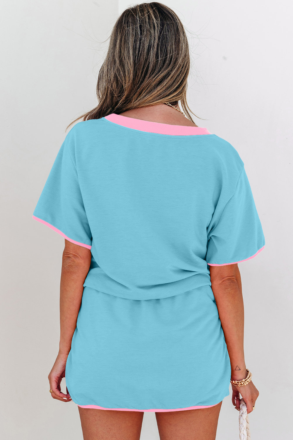 Turquoise Colorblock Edge Drop Shoulder T Shirt and Skort 2Pcs Set view 2