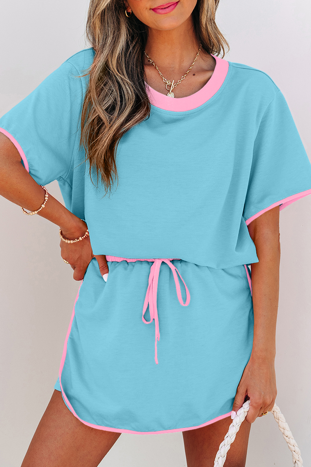 Turquoise Colorblock Edge Drop Shoulder T Shirt and Skort 2Pcs Set view 6