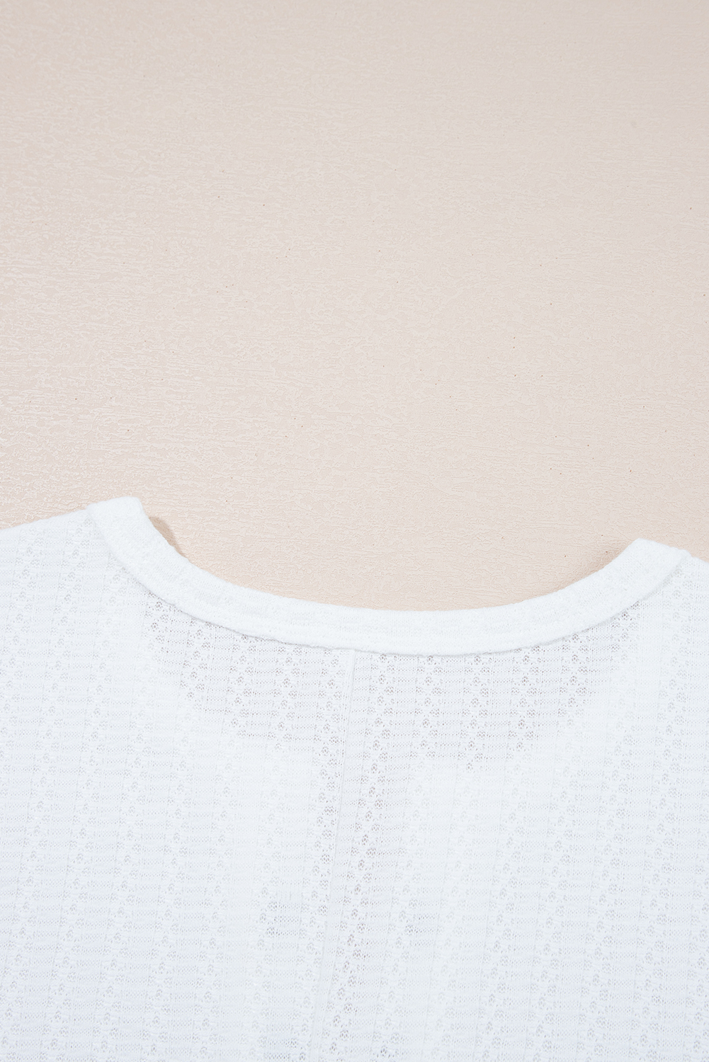 White Textured Hollow Grommet Placket Split Neck Short Sleeve Top view 6