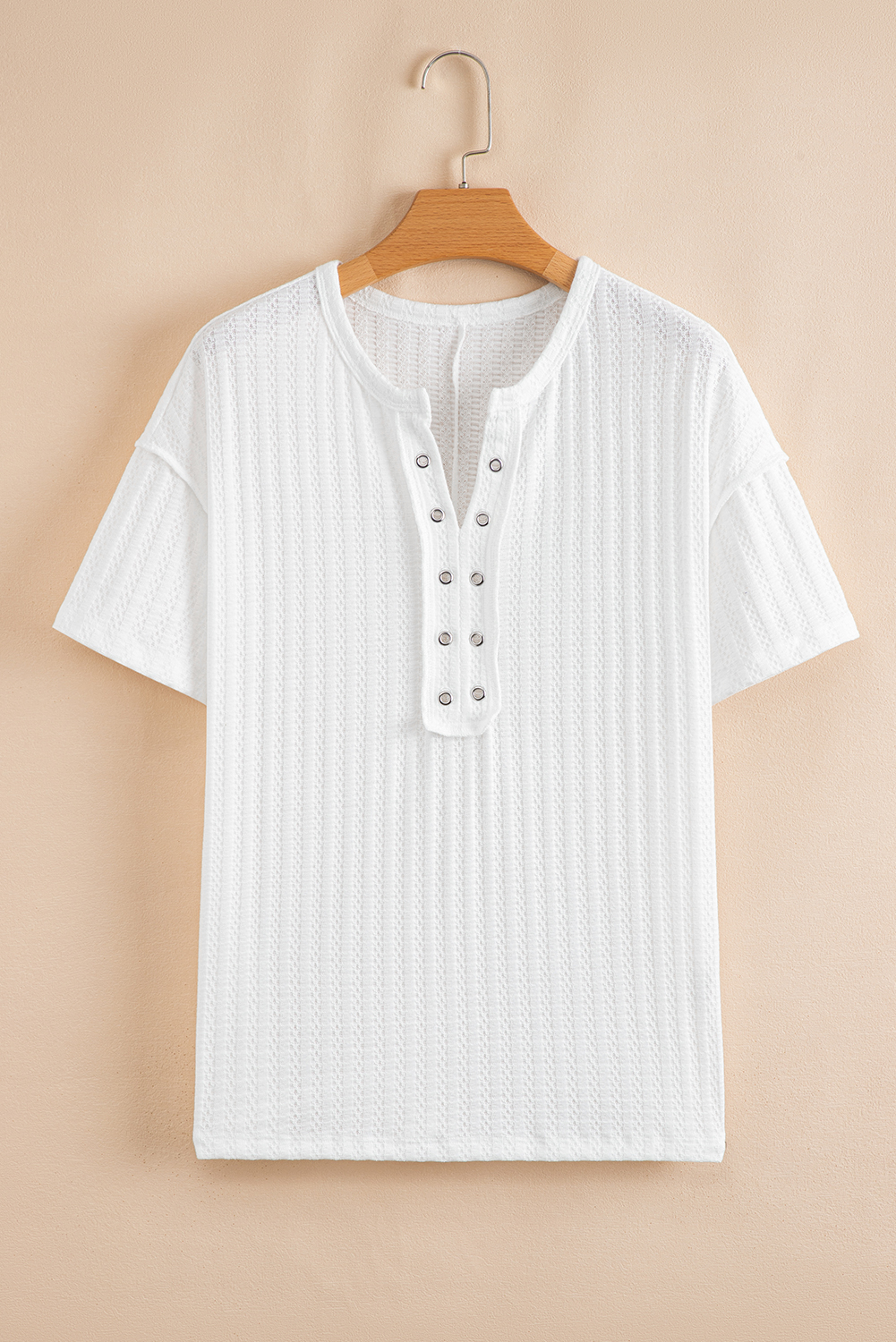 White Textured Hollow Grommet Placket Split Neck Short Sleeve Top view 3