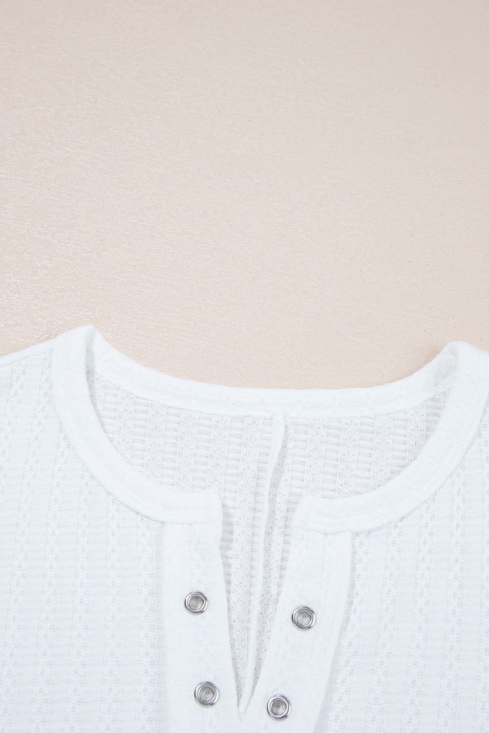 White Textured Hollow Grommet Placket Split Neck Short Sleeve Top view 5