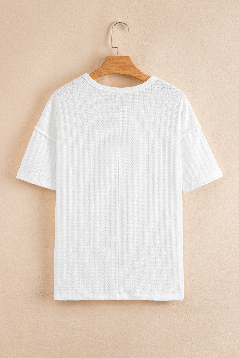 White Textured Hollow Grommet Placket Split Neck Short Sleeve Top view 4