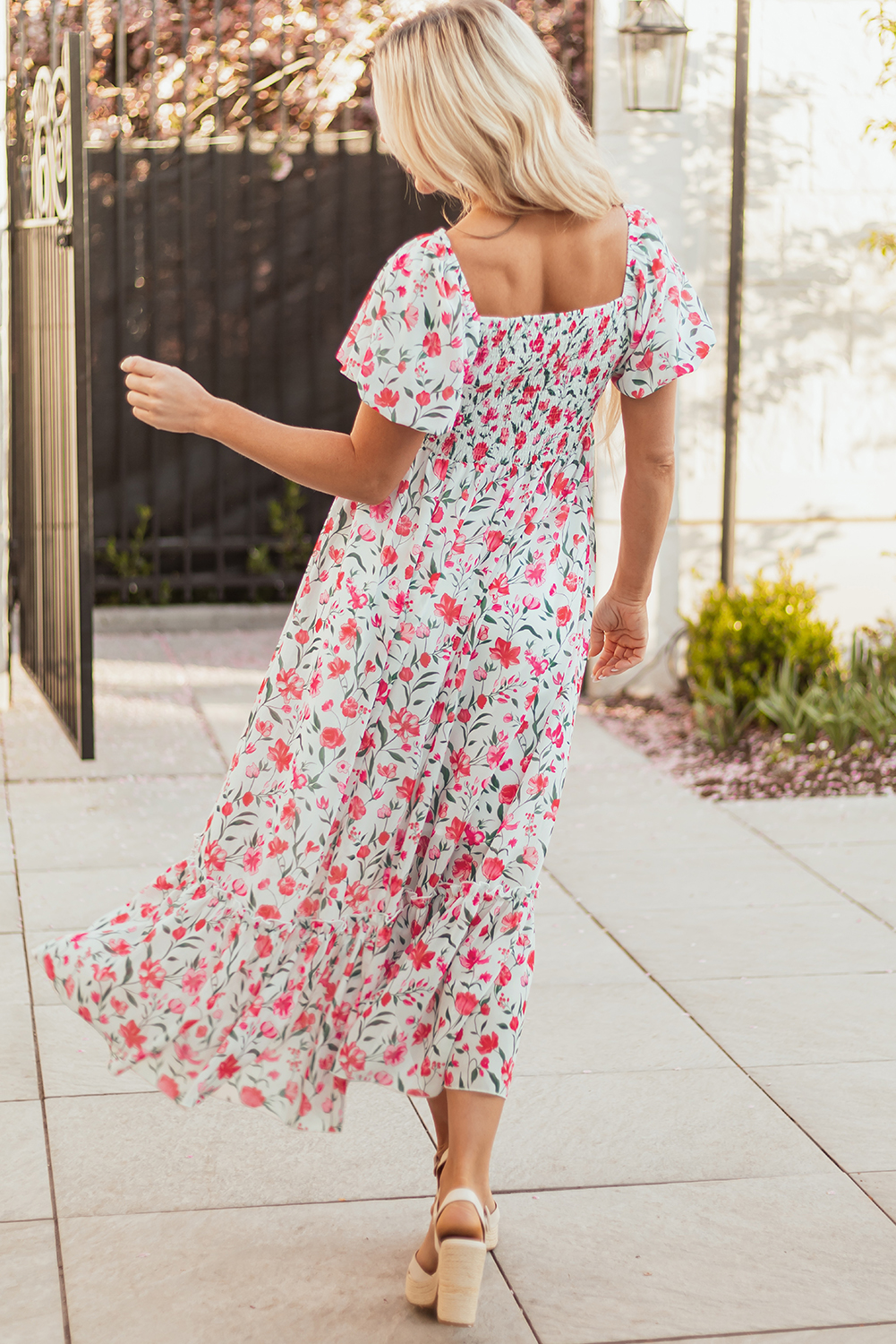 Pink Floral Puff Sleeve Square Neck Empire Waist Tiered Maxi Dress view 2