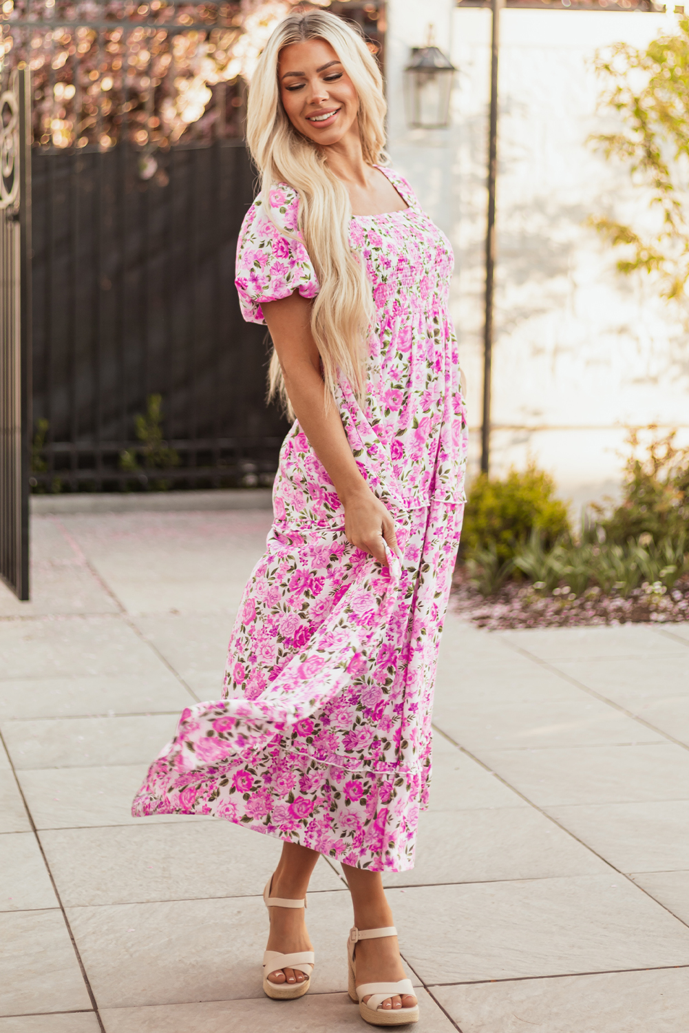 Pink Dainty Floral Smocked Puff Sleeve Flowy Long Dress view 5