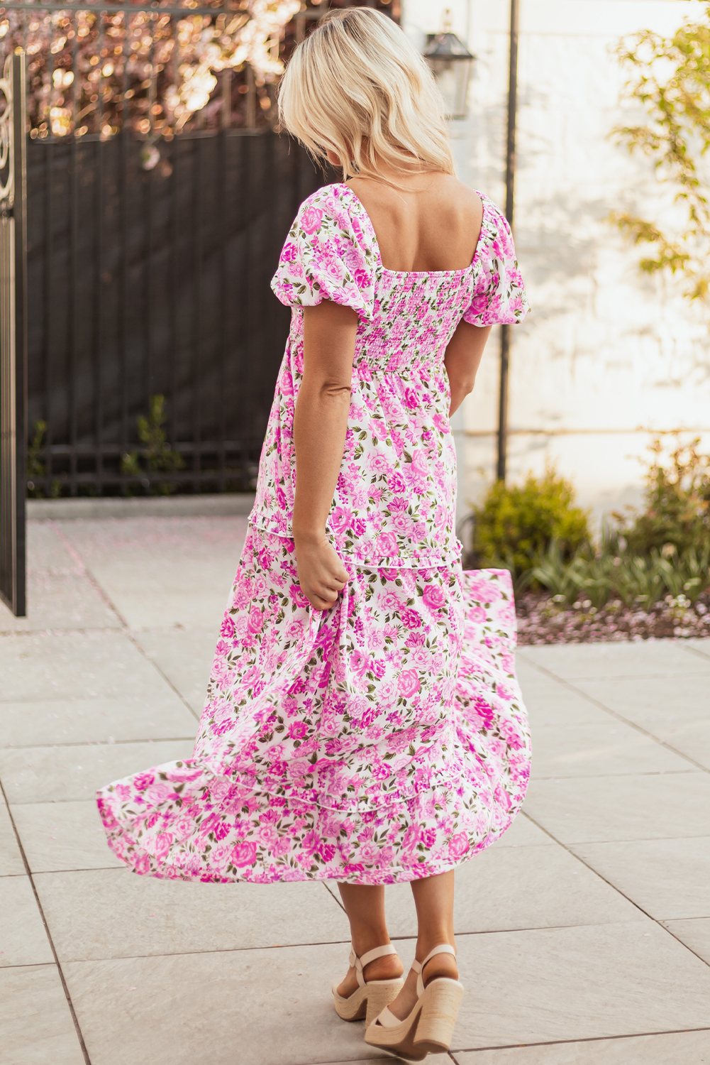 Pink Dainty Floral Smocked Puff Sleeve Flowy Long Dress view 2
