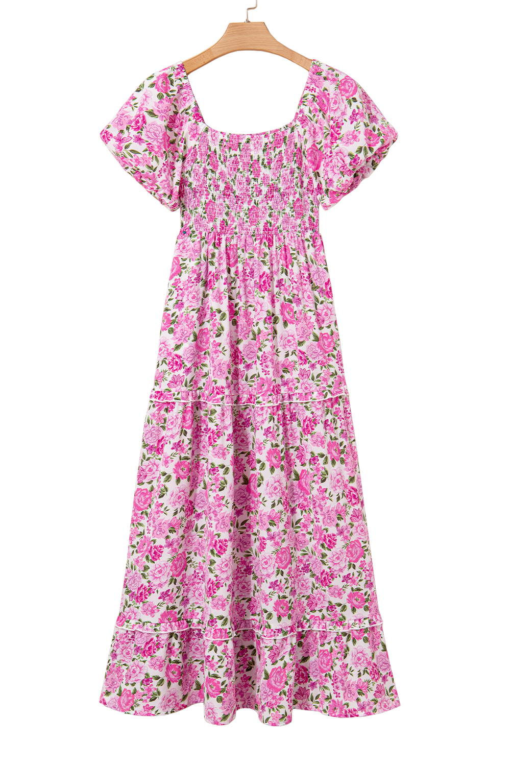 Pink Dainty Floral Smocked Puff Sleeve Flowy Long Dress view 25