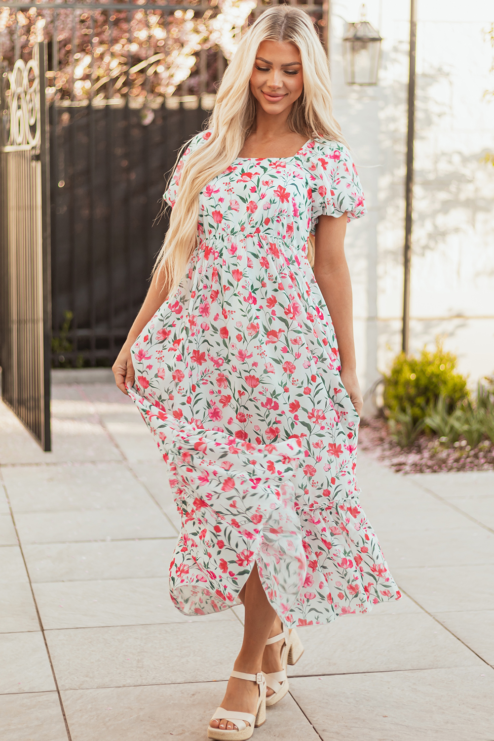 Pink Floral Puff Sleeve Square Neck Empire Waist Tiered Maxi Dress view 5