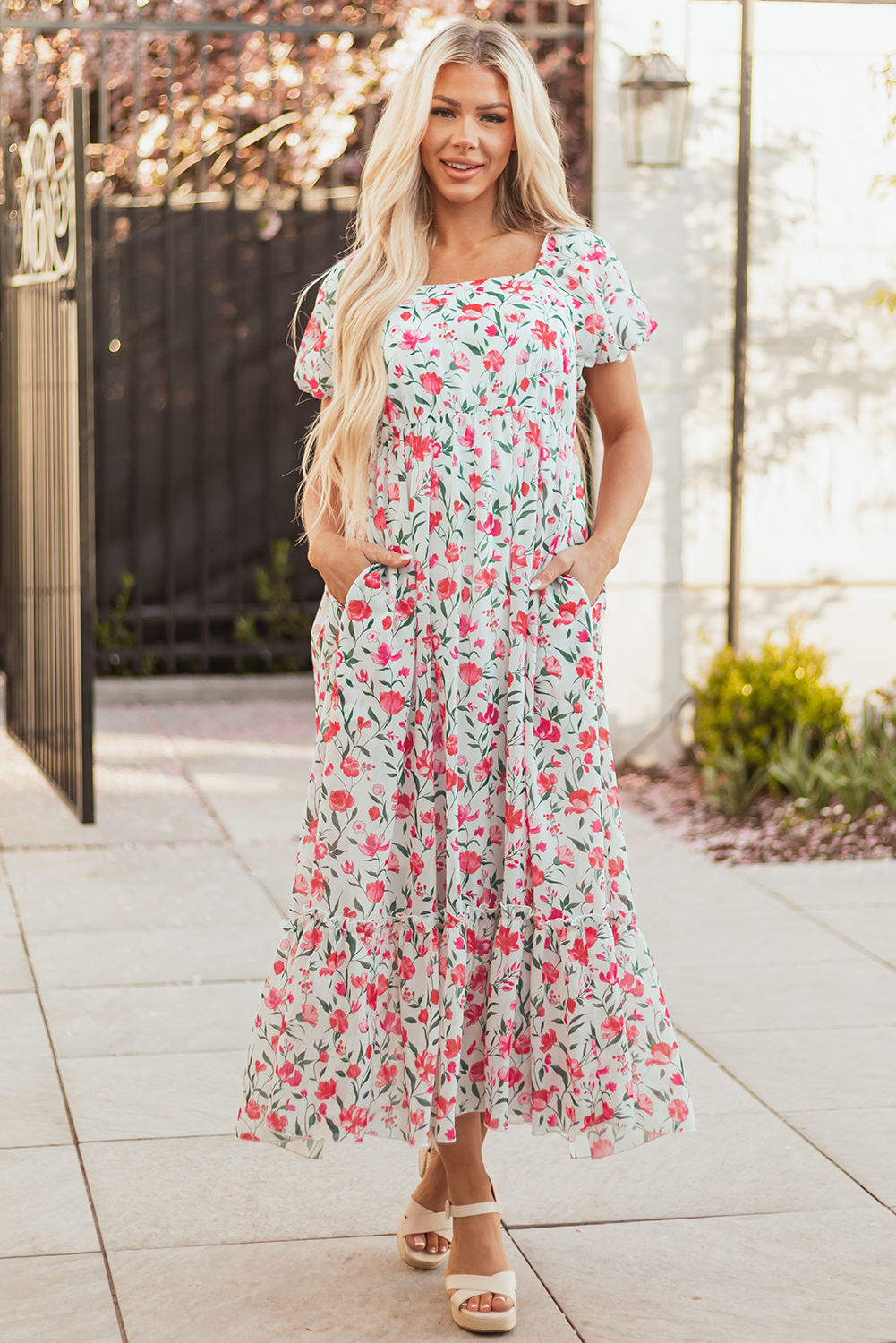 Pink Floral Puff Sleeve Square Neck Empire Waist Tiered Maxi Dress view 6