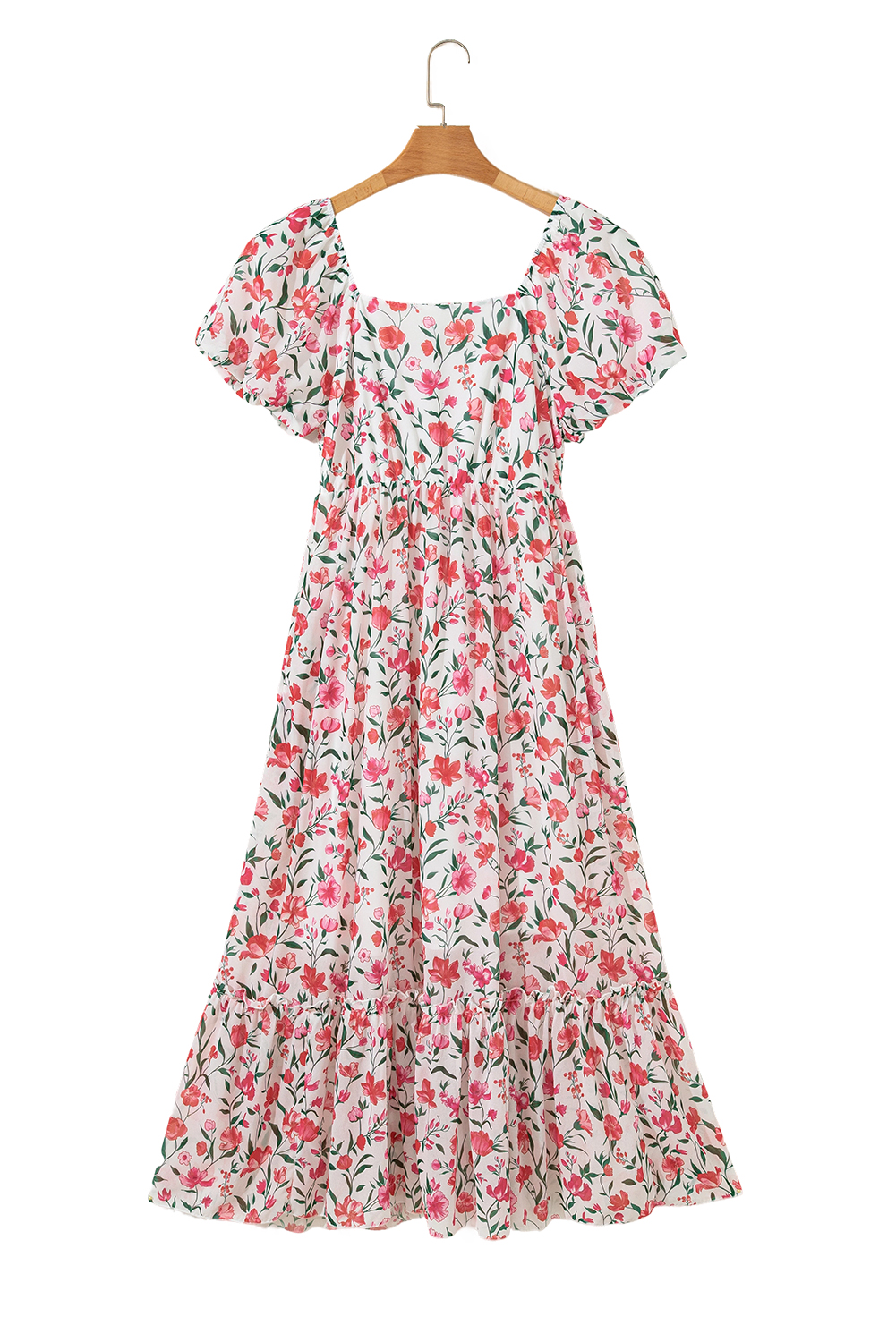 Pink Floral Puff Sleeve Square Neck Empire Waist Tiered Maxi Dress view 29