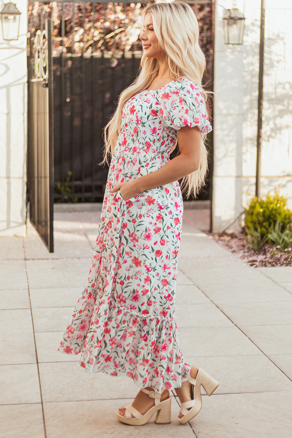 Pink Floral Puff Sleeve Square Neck Empire Waist Tiered Maxi Dress view 3