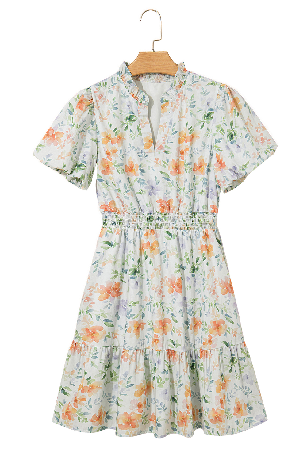 Beige Floral Print Shirred High Waist Puff Sleeve Mini Dress view 20