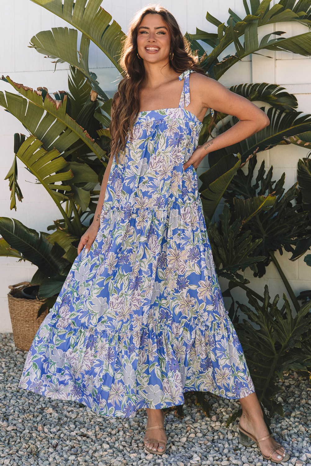 Tropical Print Self Tie Ruffle Wrap Dress