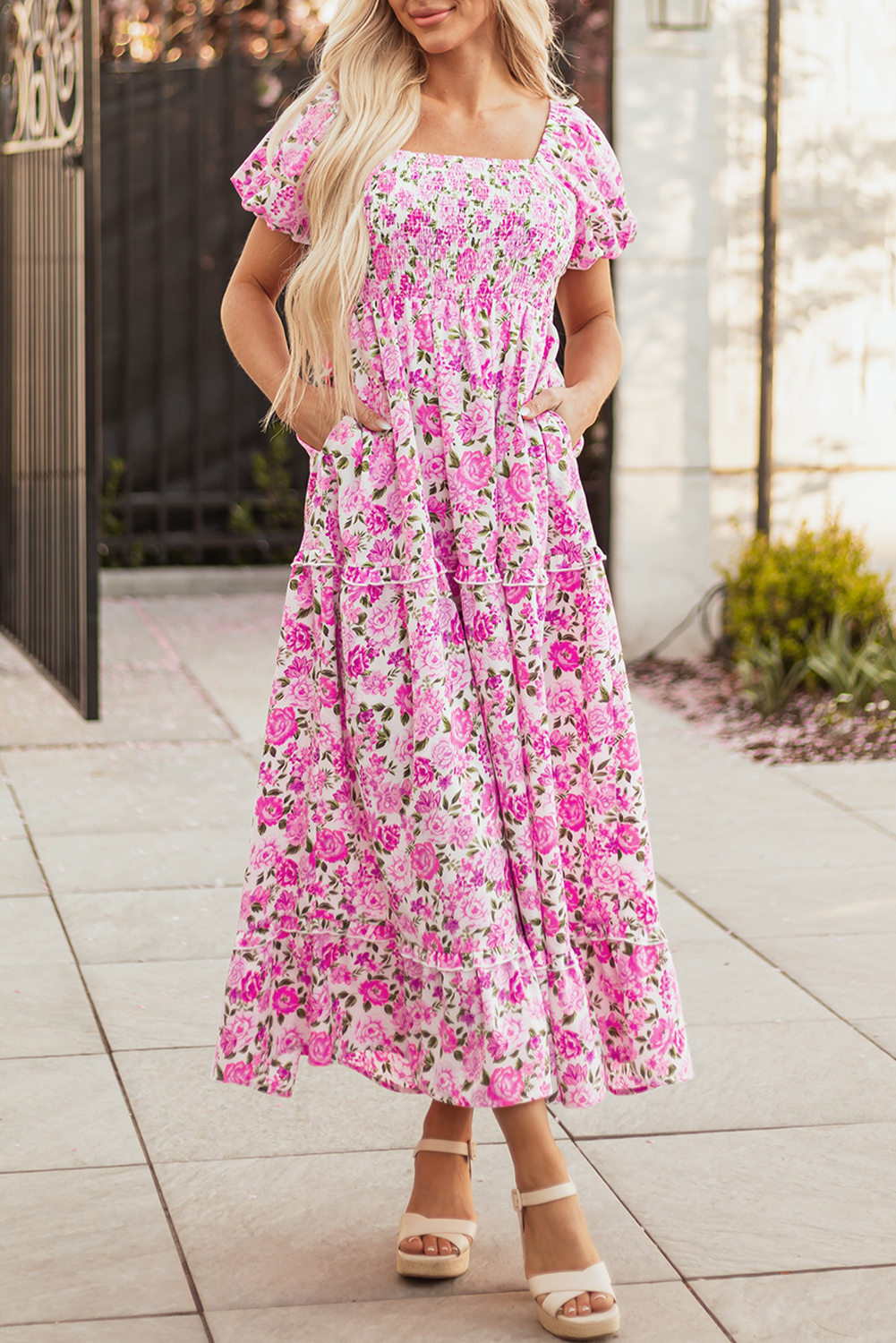 Pink Dainty Floral Smocked Puff Sleeve Flowy Long Dress view 8
