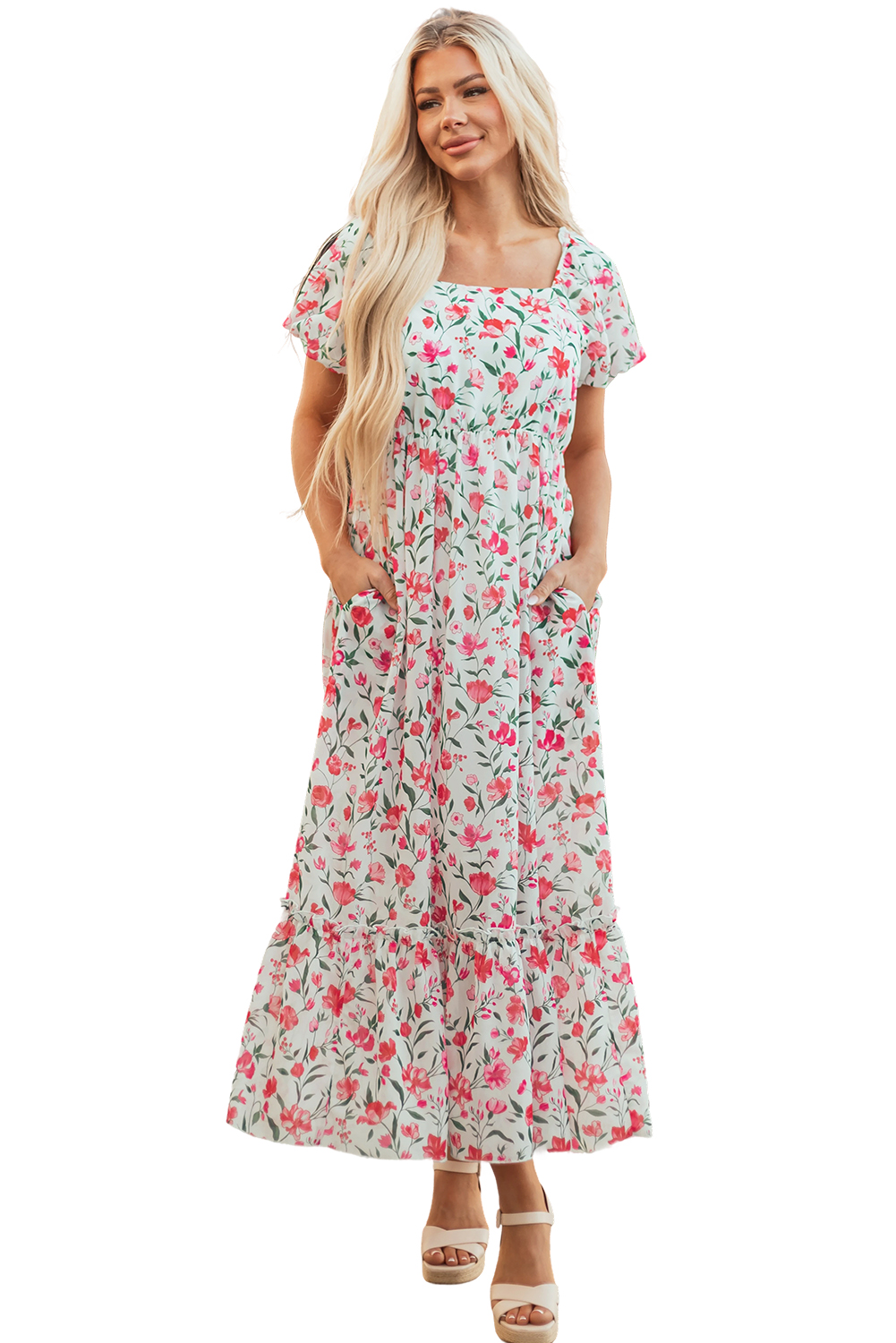 Pink Floral Puff Sleeve Square Neck Empire Waist Tiered Maxi Dress view 27