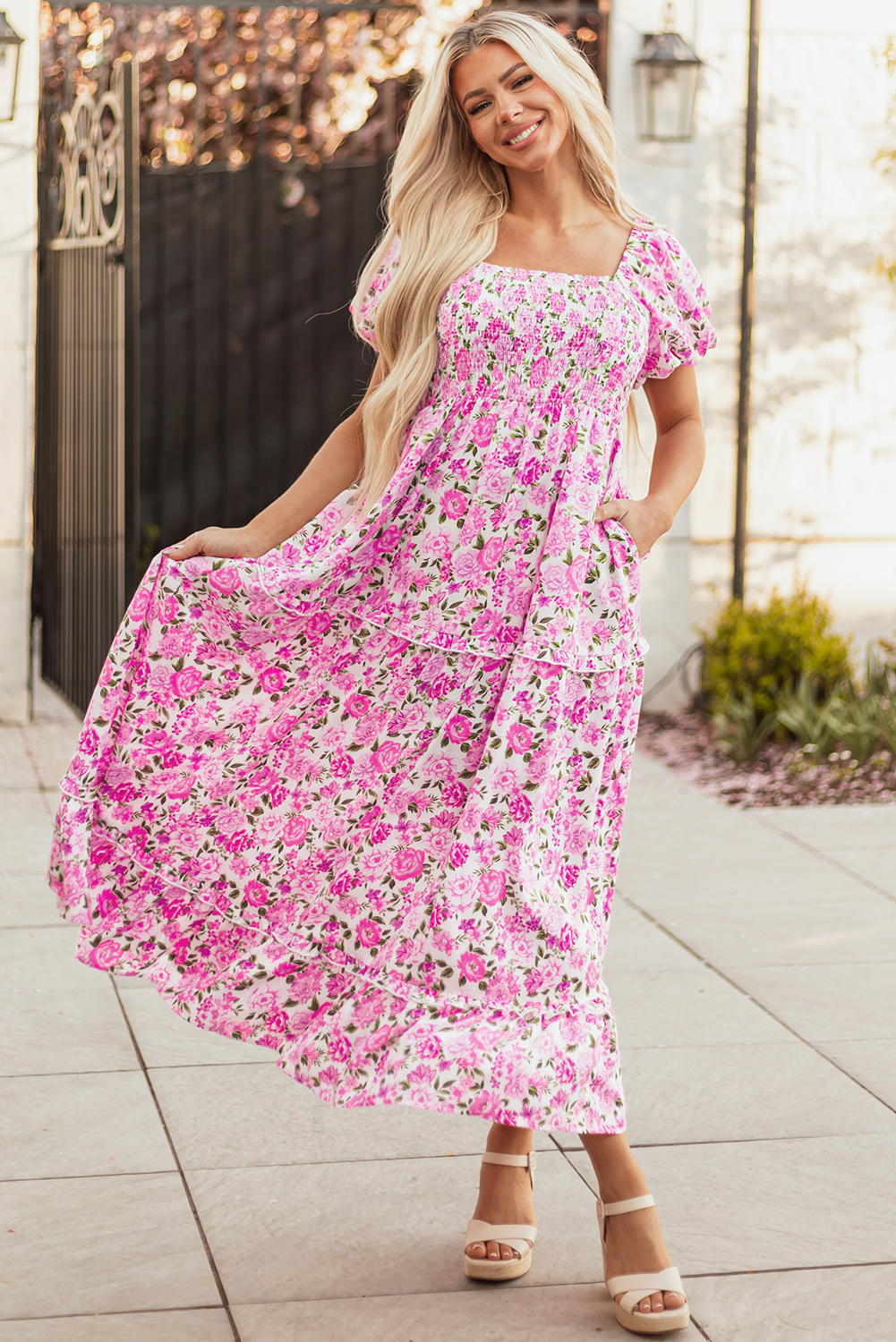 Pink Dainty Floral Smocked Puff Sleeve Flowy Long Dress view 4