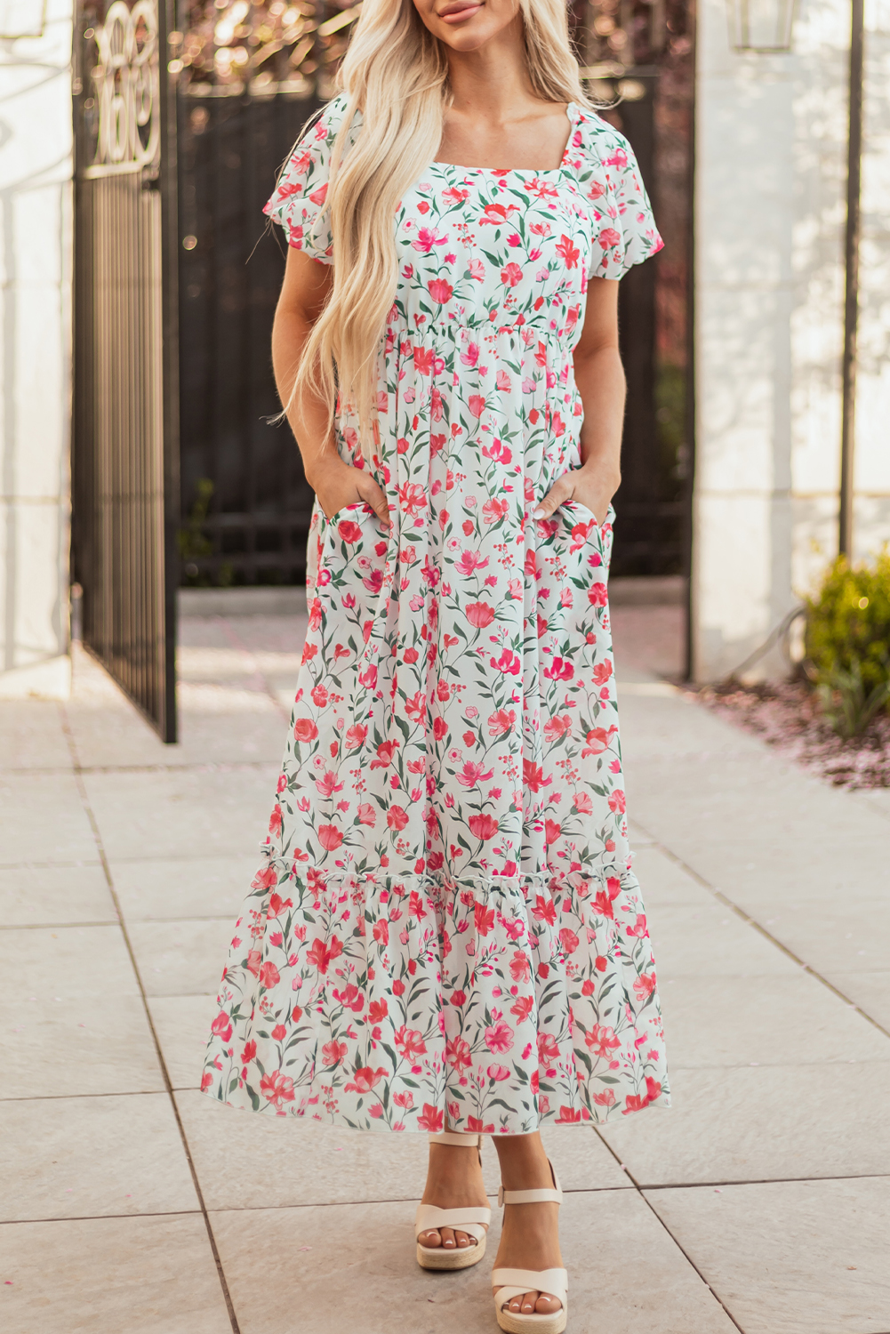 Pink Floral Puff Sleeve Square Neck Empire Waist Tiered Maxi Dress view 8