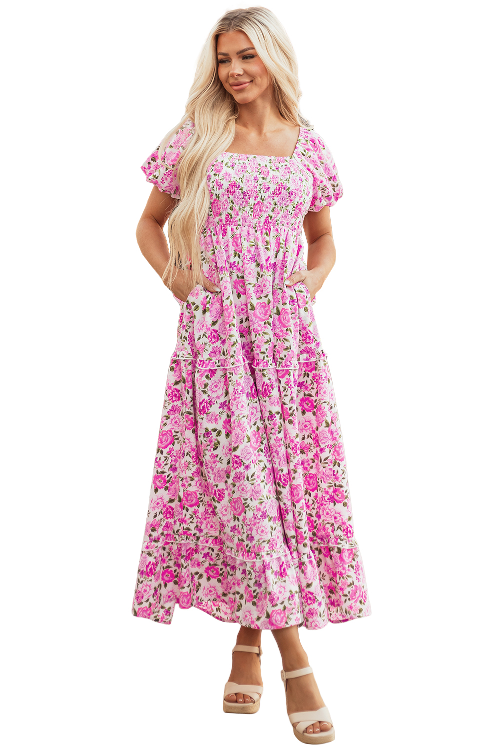 Pink Dainty Floral Smocked Puff Sleeve Flowy Long Dress view 24