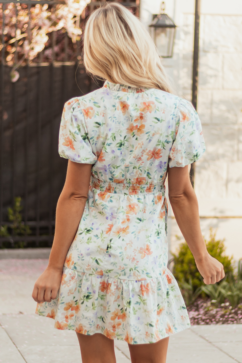 Beige Floral Print Shirred High Waist Puff Sleeve Mini Dress view 2