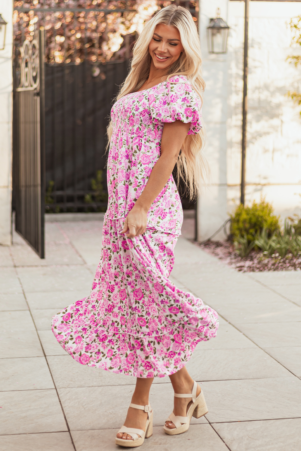 Pink Dainty Floral Smocked Puff Sleeve Flowy Long Dress view 3