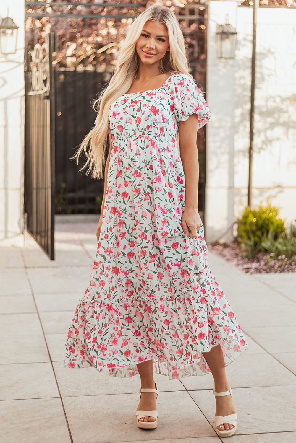 Pink Floral Puff Sleeve Square Neck Empire Waist Tiered Maxi Dress view 7
