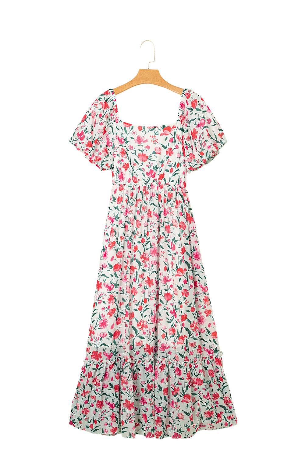 Pink Floral Puff Sleeve Square Neck Empire Waist Tiered Maxi Dress view 28