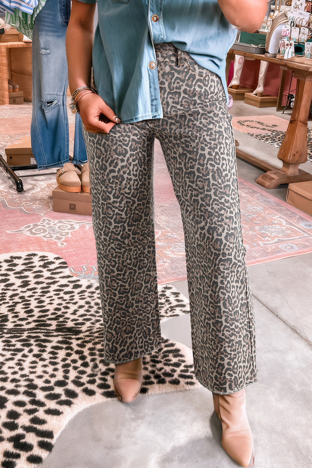 Brown Leopard Frayed Edge Wide Leg High Waist Jeans view 9
