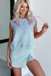 Myosotis Solid Color Washed Sleeveless Top Split Skort Cotton 2pcs Outfit
