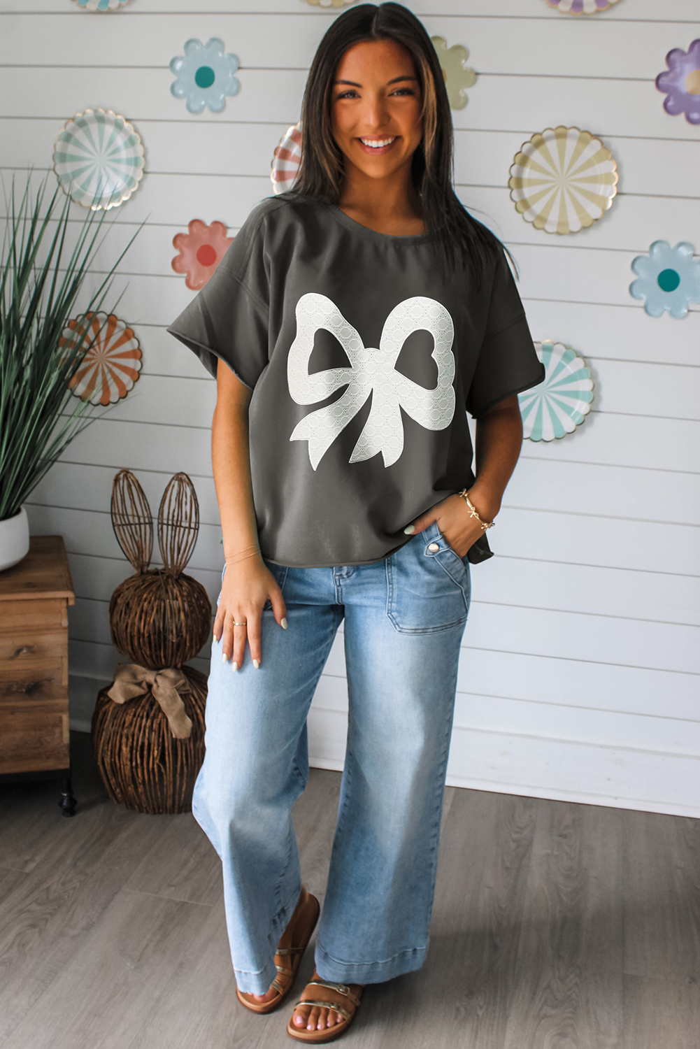 Medium Grey Lace Bow Raw Edge Drop Shoulder Casual T Shirt view 3