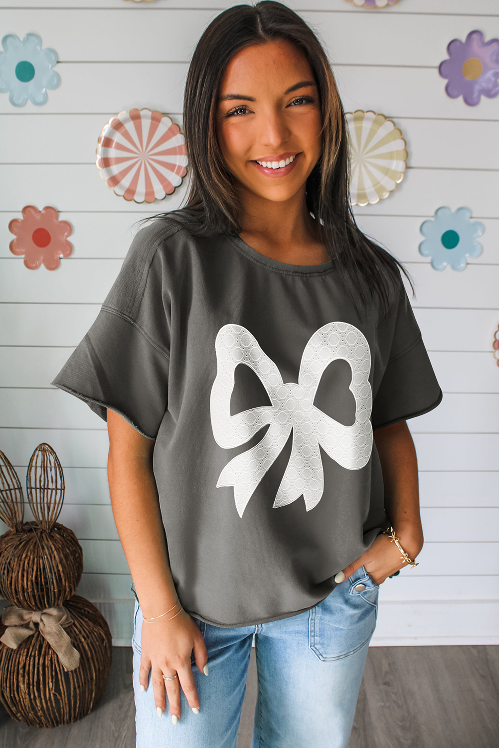 Medium Grey Lace Bow Raw Edge Drop Shoulder Casual T Shirt view 4