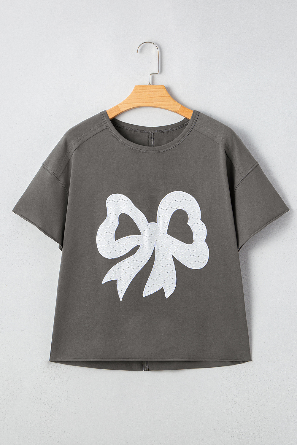 Medium Grey Lace Bow Raw Edge Drop Shoulder Casual T Shirt view 5