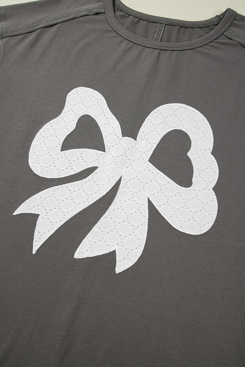 Medium Grey Lace Bow Raw Edge Drop Shoulder Casual T Shirt view 8